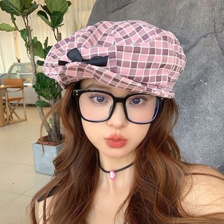 Yuewen Nghệ Thuật Hàn Quốc Sinh Viên Checkered Beret Nữ Nơ Mũ Mây Bé Gái Họa Sĩ Nón