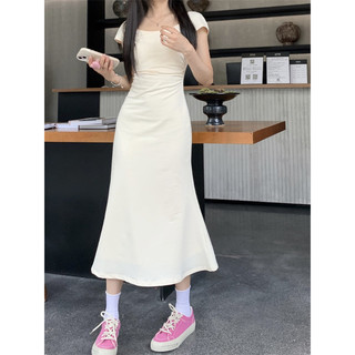 Váy ngắn tay cổ tròn màu trơn nhẹ nhàng kiểu Pháp dành cho nữ mùa hè Váy chữ A mỏng có tính khí đa năng