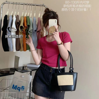 Thiết Kế Niche Cảm Giác Trước Vai Ngắn Tay Áo Thun Nữ Mùa Hè Phong Cách Mới Cổ Chữ U Slim-F