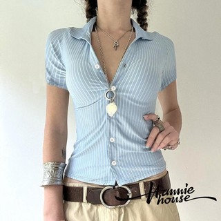 Hannie House- Áo sơ mi nữ tay ngắn có cổ áo sọc in nút xuống