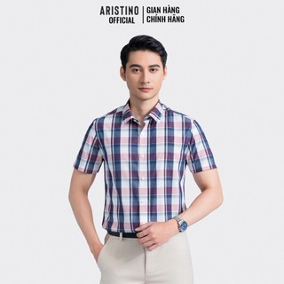 Áo sơ mi ngắn tay aristino màu trắng kẻ hồng ass025az