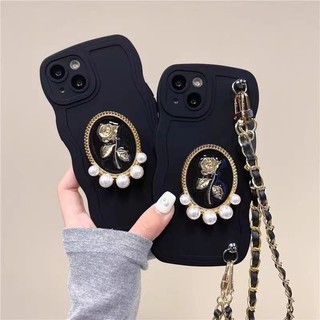 Ốp Điện Thoại Thích Hợp Cho IPhone 11 12 X XR XS Max SE 7 Plus 8 Plus 13 14 15 Pro Max Đen Vàng Hoa Hồng Chân Đế Dây Xích Ngắn
