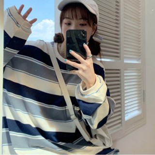 SUXI Áo Thun Nữ Dài Tay Cổ Tròn Sọc Ngang Nhiều Màu Sắc Thời Trang