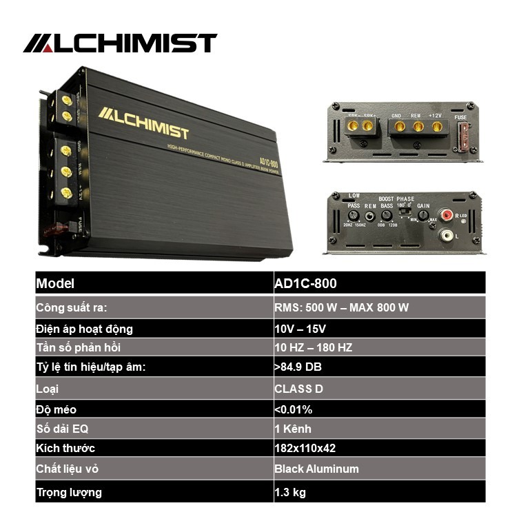 Bộ Khuếch Đại DSP Alchimist AD1C-800, DSP mono 1 kênh Class D - Max 800 W cho Loa Sub hơi Ô tô