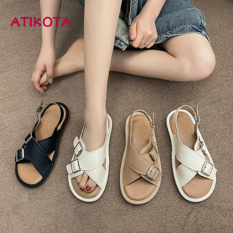 Atikota Nữ Thời Trang Đế Bằng Vintage Thoải Mái Nút Chữ Thập Mềm Mại Thường Ngày Sinh Viên Đi Biển Dép