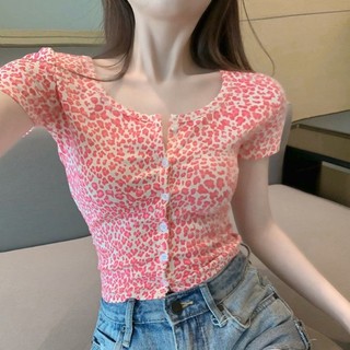Thời trang mùa hè Màu hồng da báo in hình Slim-fit ngắn tay