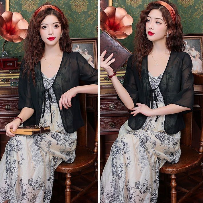 Áo blazer Nữ Trắng Đen Tay Ngắn Áo Khoác Ngoài Che Voan Cardigan Mỏng Khăn Choàng Nhỏ Áo Khoác Cho Nữ Đầm Bolero filipiniana Áo Sơ Mi Top