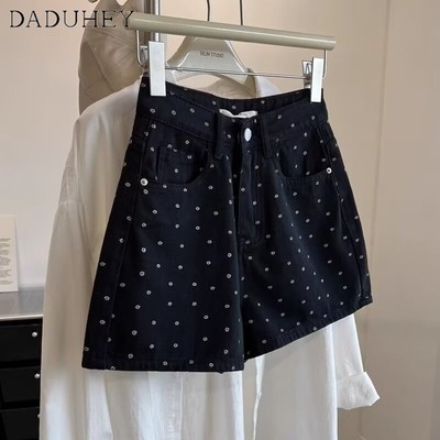 DaDuHey New American Ins High Street Retro Denim Shorts Niche High Waist Wide Leg Pants Large Size Hot Pants
