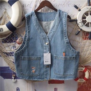 Áo Vest Nữ Phong Cách Nhật Bản Cô Gái Mềm Mại Mori Phong Cách Cô Gái Trẻ Em Thỏ Dễ Thương Cà Rốt Thêu Túi Lớn Cổ Chữ V Áo Vest