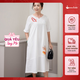  - Váy Đầm Trung Niên Chất Vải Linen Cao Cấp Form Suông Dài Qua Gối Thêu Họa Tiết Hoa Lá Swanlake - D11230