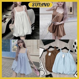  váy 2 dây bí phồng thô đũi đầm hai dây chun rúm dáng ngắn trẻ trung hottrend 2024 V160 SUTANO 