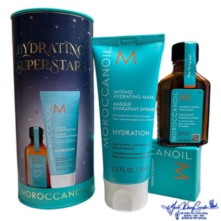 Bộ sản phẩm Hydrating Superstars: Tinh dầu dưỡng tóc Moroccanoil 25ml + Mặt nạ Hydration Mask 75ml ( New 2023 ) - MK