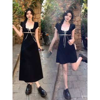 Cổ Vuông Mỏng Hơn Nhìn Hẹp Eo Nữ Tính Ren Khâu Váy Mùa Hè Ngọt Ngào Đen Mỏng Pháp Chữ a XDWR