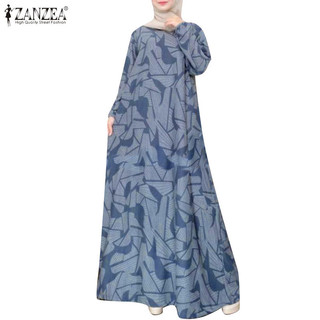 Zanzea Nữ Hồi Giáo Hàng Ngày Dài Tay Khối In Hình Váy Viền