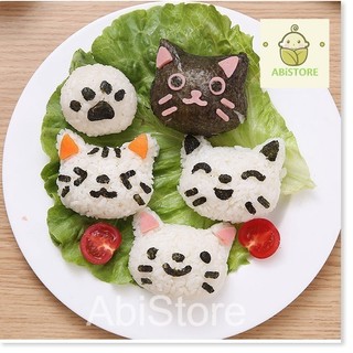 Bộ khuôn ép cơm bento mèo onirigi kèm tấm cắt rong biển hàng xuất Nhật