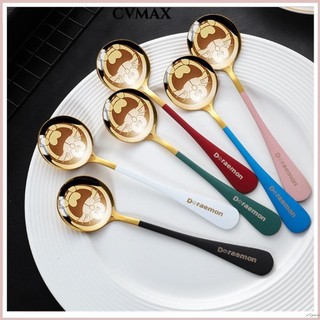 Thìa tay cầm dài cvmax, thìa canh tròn dày, hoạt hình hộ gia đình sử dụng thìa tráng miệng bằng thép không gỉ