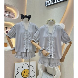 PIJAMA ĐÙI BASIC CỔ REN- KÈM CỘT TÓC