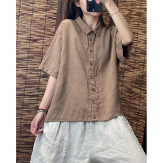 Áo sơ mi ngắn tay bằng vải lanh Cotton mùa hè dành cho nữ dáng rộng một vành sang trọng Sli