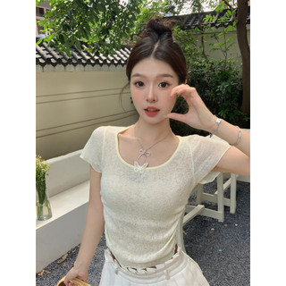 Suxi Mùa Hè Mới Tối Giản Ôm Đan Áo Thun Nữ Tay Ngắn Không Đều Crop Top 240617