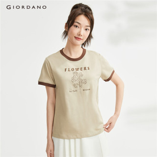 Giordano áo phông nữ 100% cotton in hoa tee tương phản cốp cổ tròn tay ngắn thời trang áo phông 05324406
