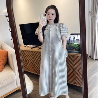 Váy suông kẻ sọc tay bồng khuy bọc thêu nơ sang chảnh đầm thiết kế đi làm đi chơi HN Clothing V284