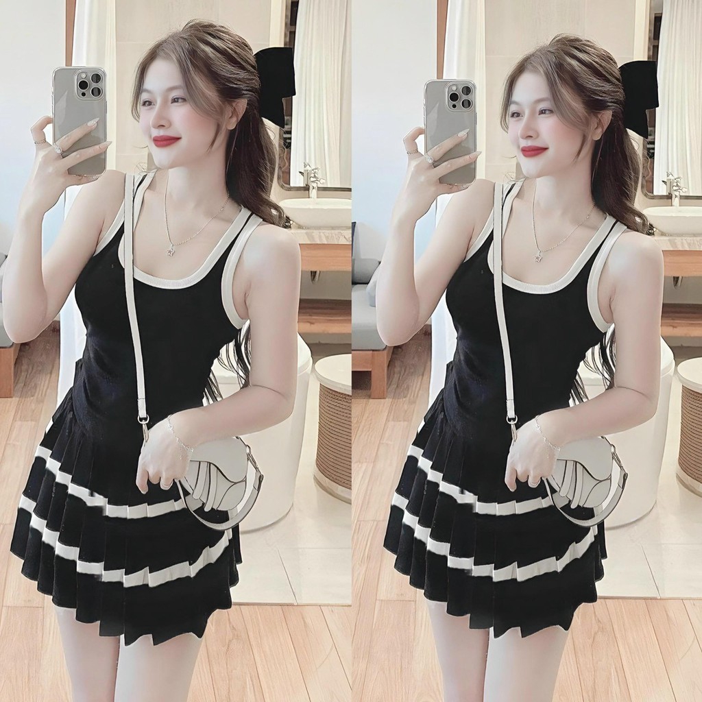 Set Bộ Đồ Nữ Áo Ba Lổ Dáng ôm Body Phối Viền Vạt Lượn Mix Chân Váy Xếp Ly Quần Sọc Ngang Có Lót Trong Thun Tăm 40-95kg | BigBuy360 - bigbuy360.vn