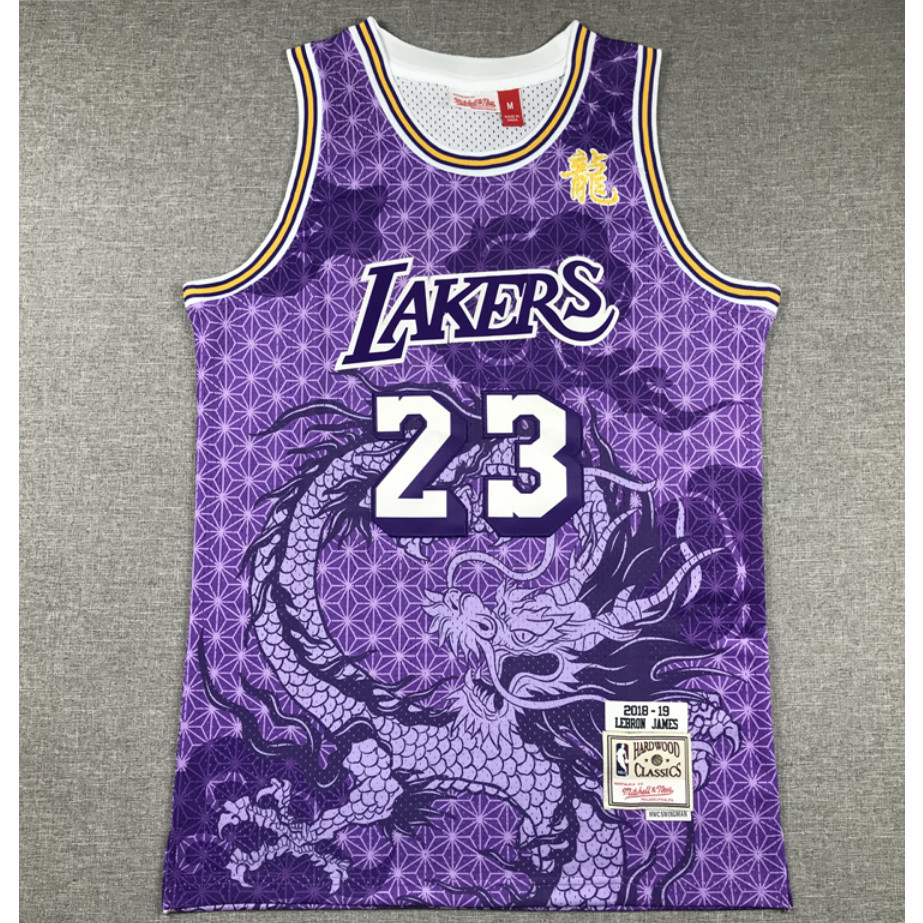 2024 nam Los Angeles Lakers 23 LeBron James thêu áo bóng rổ áo đấu rồng Trung Quốc tím