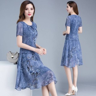 Đầm Mẹ Váy Voan 2024 Phong Cách Mới Mùa Hè Giả Hai Mảnh In Hình Phong Cách Trung Hoa Over-the-Knee Plus Size Mỡ Mẹ Đầm