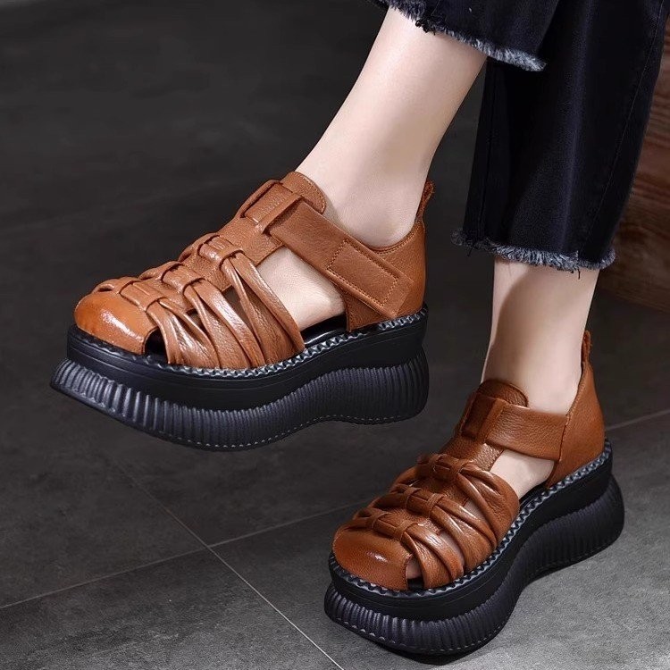 Giày cao gót nữ mũi tròn đế dày, sandal thời trang kiểu La Mã, kích thước 35-40