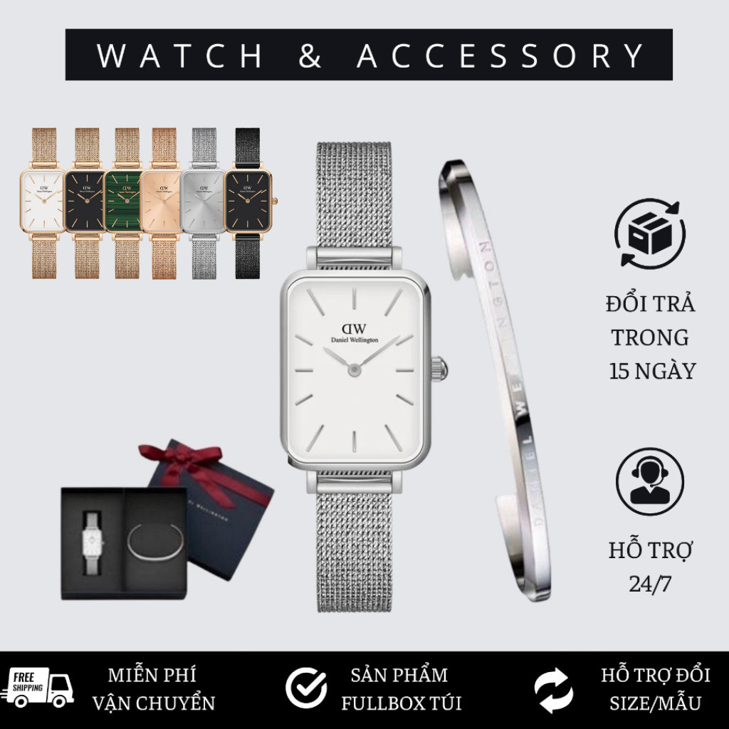 [Tặng Kèm Hộp Nơ] Đồng Hồ Nữ  Quadro Pressed Sterling & Vòng Tay Classic Cuff V1 D_W Chính Hãng