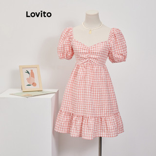Lovito Đầm tay phồng kẻ sọc xếp nếp dễ thương cho nữ LBA79077