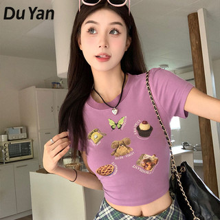 Du YAN Dopamine mặc mới tay ngắn ngọt ngào hottie in hoạt hình eo cao vai phải bó sát áo ngắn nữ xu hướng
