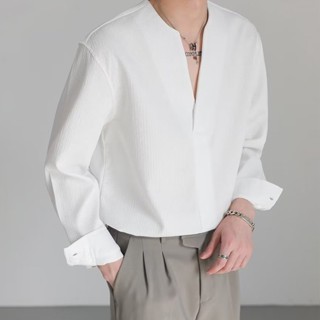 Áo Sơ Mi Dài Tay Nam Nhẹ Sang Trọng Cao Cấp Rời Áo Chui Đầu Thu Phố Mặc Đẹp Trai V Không Cổ Áo Sơ Mi Iron