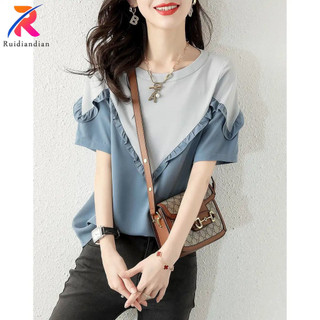 Ruidiandian 2024 Nữ Thời Trang Mới Cổ Tròn Hàn Quốc Tay Ngắn Tương Phản Áo Sơ Mi Rời Nối Áo Thun