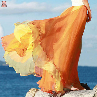 Nữ voan retro dài váy maxi gradient đi biển full / chiều dài mắt cá chân váy co giãn xếp ly retro maxi voan váy dài mm