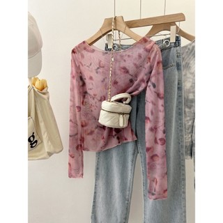 Milyfashion ShortTT-shirt Women's Summer New Retro Blooming Mesh Floral Print Long Sleeve Design off-Shoulder Sun Protection Top Clothes