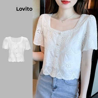  Áo kiểu Lovito thêu lỗ nút trước màu trơn thường ngày cho nữ L68ED013 (Màu trắng)