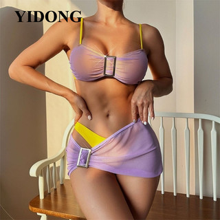 Yidongbrroa Bộ đồ bơi nữ phong cách chia đôi 3 mảnh đồ bơi spaghetti với đồ bơi màu tương phản