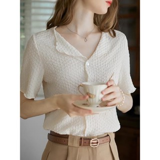 Mùa hè Mới Phong Cách Pháp Vỏ Nút Ve Áo Áo Thun Cardigan Tay Ngắn