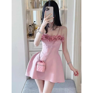Mặc Nhỏ Người Nhỏ Cảm Giác Cao Cấp Siêu Đẹp Niche Thiết Kế Pháp Sang Trọng Phong Cáchl Màu Hồng Sling Đầm