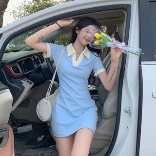 Yuewen Pháp POLO Cổ Áo Slim-fit Ôm Hơn Nhìn Ngắn Tay Váy Ngắn Nhỏ Nữ