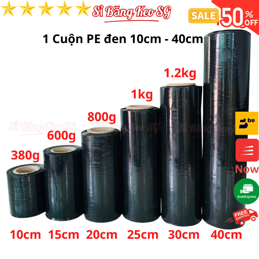 SKU720 - Cuộn Màng PE Đen 10cm - 15cm - 20cm - 25cm - 30cm - 40cm, nặng 380g-1.5kg, màng pe bọc hàng hoá