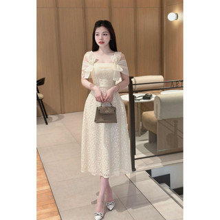 Đầm ren midi nơ vai dự tiệc đi chơi dáng dài xinh đẹp phong cách tiểu thư quyến rũ