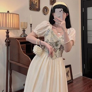 Váy Liền Ngắn Tay Giả Hai Chiếc Phong Cách Cung Đình Cổ Điển Kiểu Pháp Váy Dài Tôn Dáng Gầy Chít Eo Khí Chất Cao Cấp