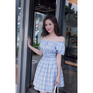 Đầm nữ Masara trễ vai kẻ xanh dương trẻ trung form váy chữ A có thắt eo tôn dáng phù hợp dịp đi chơi, hẹn hò