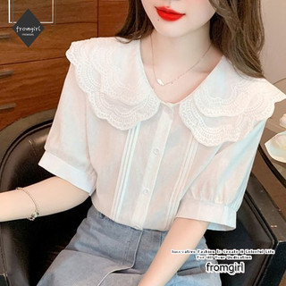 Áo sơ mi ngắn tay màu trắng ngọt ngào cổ chữ V kiểu Pháp Váy mùa hè nữ 2024 thiết kế mới có cảm giác tay ngắn