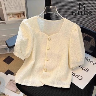 Cổ Vuông Puff Tay Ngắn Sang Trọng Mùa Hè Rời Cardigan Nữ Áo Thun Ngắn Top