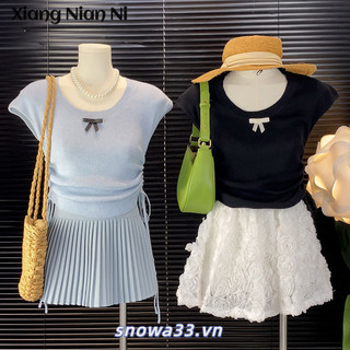 Xiang Nian Ni Tính Khí Trẻ Trung Co Giãn Giảm Béo Dây Rút Chữ U Nơ Dệt Kim Ngắn Tay Áo Sơ Mi Nữ