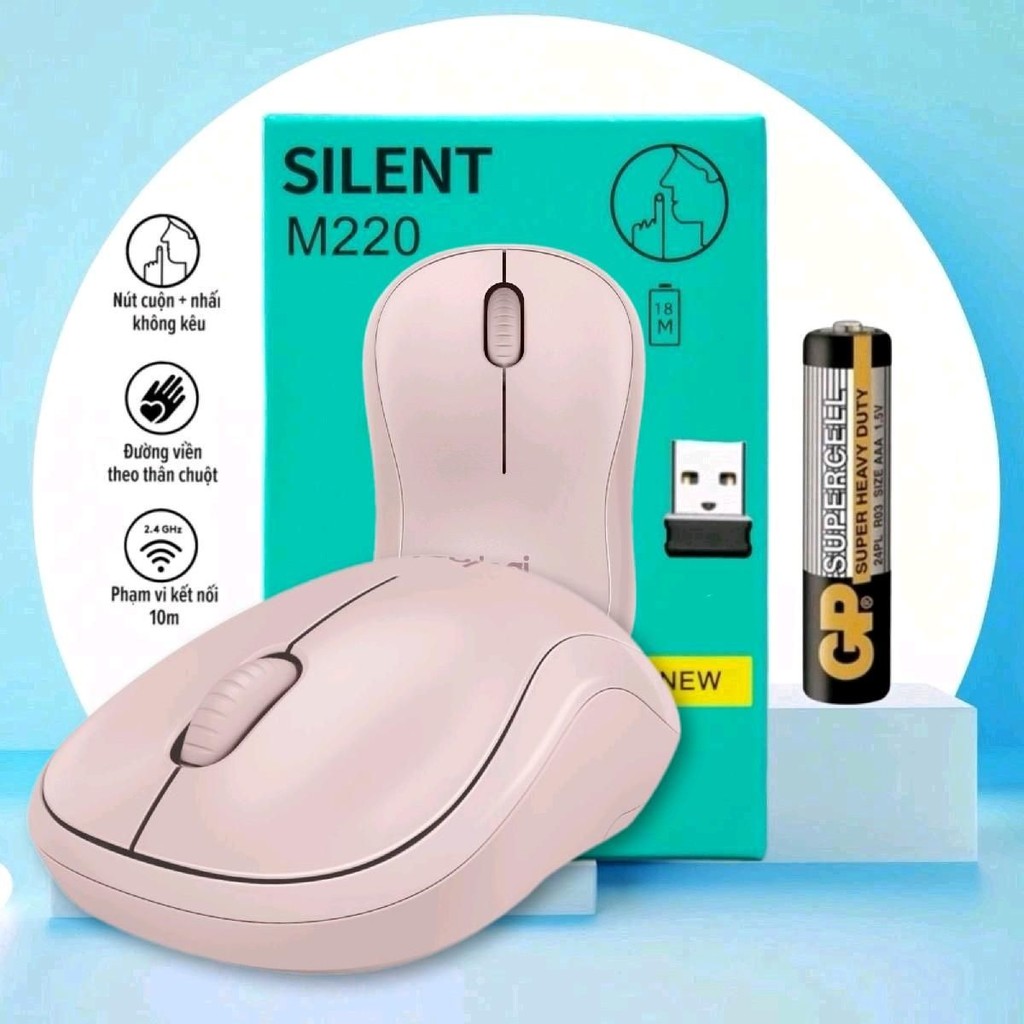 Chuột Không Dây USB L0GITECH M220 SLIENT Màu Hồng Bấm Êm , Nhẹ, Không Tiếng Ồn , Tặng Kèm Pin