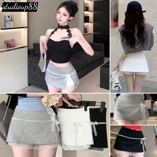   Ảnh+ Video Thật Chân váy ngắn đính nơ chân váy xếp ly dáng xòe phối ren cạp cao basic Xám đen trắng  